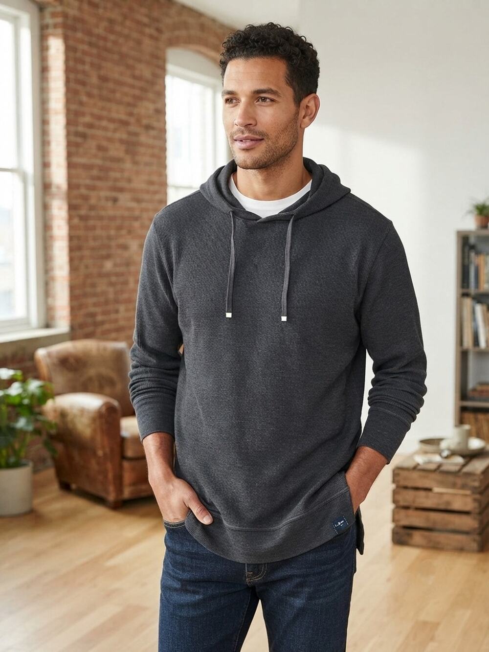L.L.Bean Waffle Knit Hoodie Thermal Sweatshirt Dark Gray Charcoal Men's Size XL